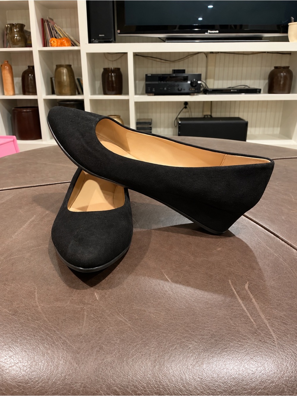 Ecco Black Suede Low Wedge Pumps